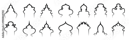 Set of islamic mosque windows or arches. Silhouette line icon. Oriental style door, frame, gate. Ramadan Kareem and Eid Mubarak holiday. Traditional arabic, muslim culture design for label, sticker