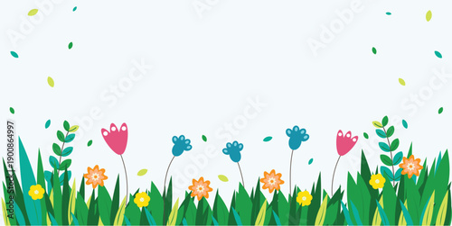 Flowers background, flowers template, grass and flowers, meadow, spring landscape