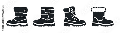 Winter boot silhouettes on gray background: variety of styles and designs