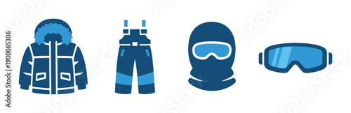Neon blue winter gear icons in dark background