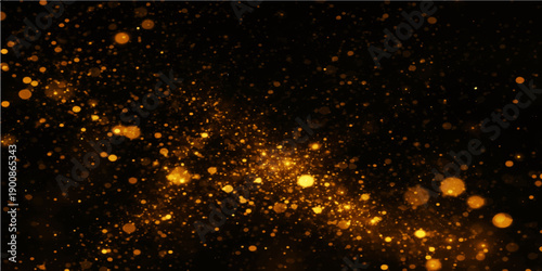 Shiny water drops on a window create a glowing blue pattern with gold light particles and bright stars on a black background for a festive winter holiday design