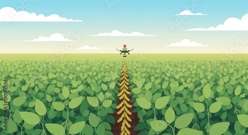 A drone sprays a vast green crop field under a clear blue sky