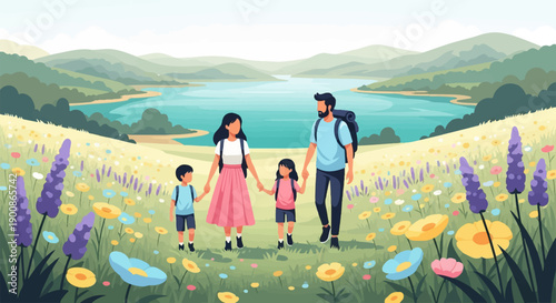 A family walks through a field of wildflowers towards a lake