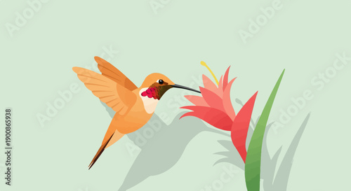 A delicate hummingbird sips nectar from a vibrant, tropical flower