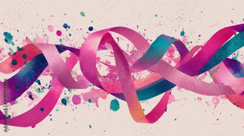Abstract Colorful Flowing Ribbons with Soft Pastel Gradient and Watercolor Texture Background