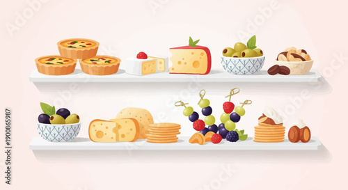 A delightful spread of appetizers, from mini quiches to cheese boards and fruit skewers
