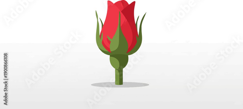 A close-up view of a vibrant red rosebud with green sepals and stem