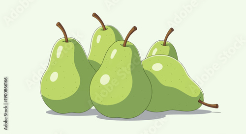 A cluster of five ripe green pears with brown stems on a light background