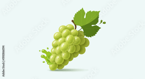 A cluster of light green grapes splashes juice with two leaves on a light background