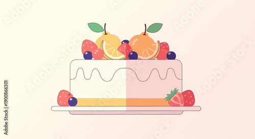 A charming illustration of a two-tiered cake adorned with fresh fruits and berries