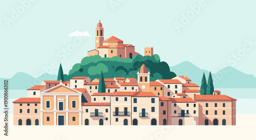 A charming Italian village nestled on a hill with a church