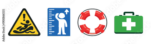Water safety icons: warning, height requirement, lifebuoy, first aid kit on gradient background
