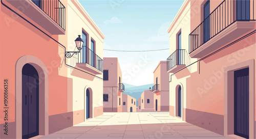 A charming, sun-drenched street with classic architecture and serene atmosphere