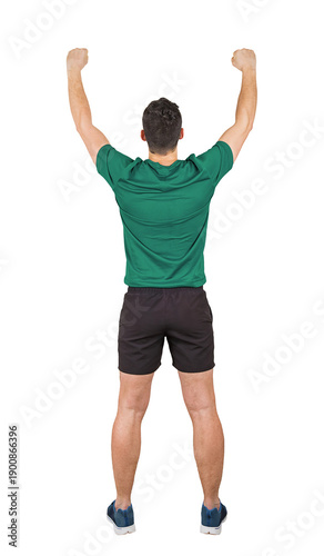 Full length rear view portrait of a victorious man athlete raises hands celebrating success. Victory and triumph concept. Winning sporty guy isolated on transparent background, achievement celebration