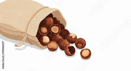 A burlap bag spills its contents of round nuts onto a white surface