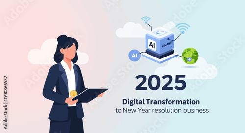 A business woman holds a tablet, with AI and finance visuals for 2025 digital transformation