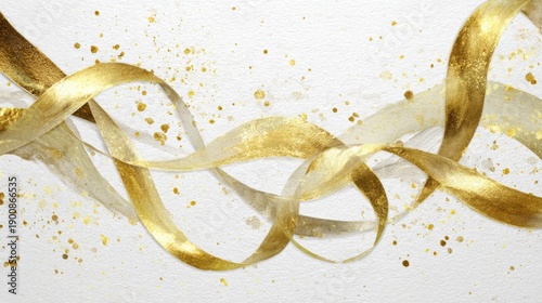 Abstract Gold Flowing Ribbons with Soft Pastel Gradient and Watercolor Texture Background