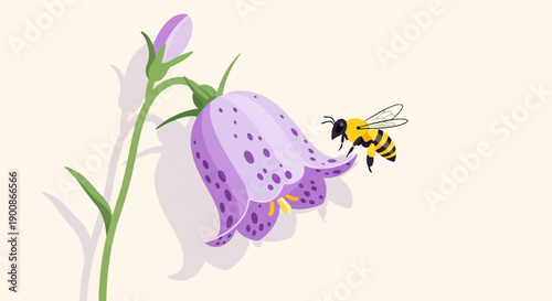 A buzzing bee hovers near a spotted purple bell-shaped flower and bud