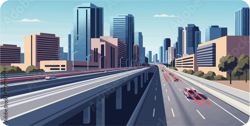 A busy highway speeds through a modern city with tall buildings
