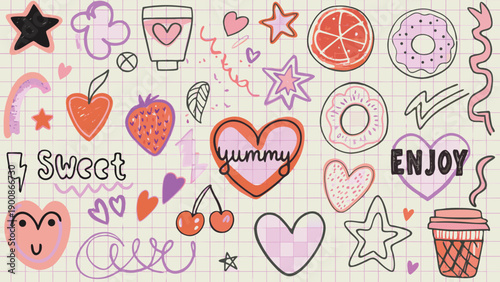 Colorful doodle stickers with food, drinks and sweet phrases, for social media, website or marketing materials, vector illustrations