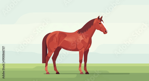 A brown horse stands in a grassy field with a pale sky background
