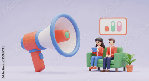 3D illustration of a megaphone and people on a couch with a graph