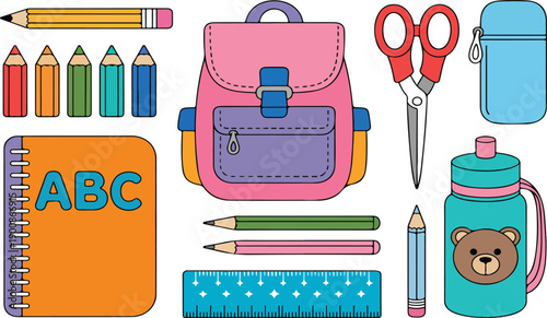 Cartoon School Supplies Vector Set – Backpack, Pencils, Books, and Stationery