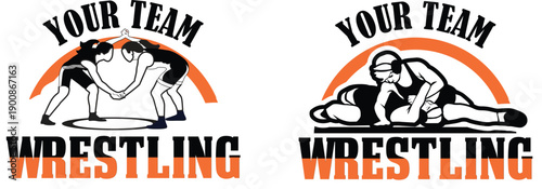 Wrestling Team Logo, Badge with Grappling Athletes