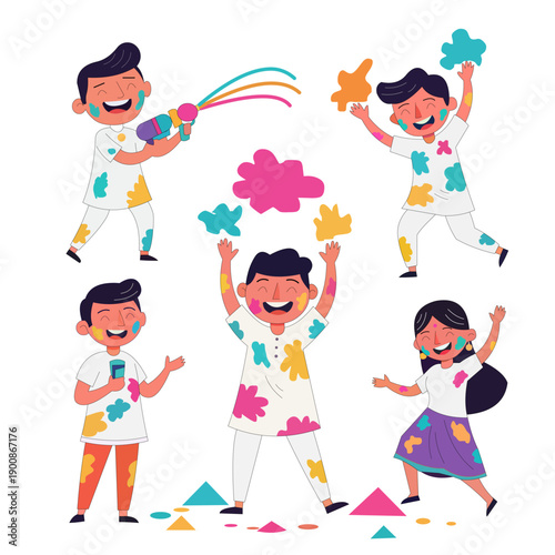 Happy Holi Kids Celebration Vector Illustration, Playful Cartoon Characters, 2D Festive Motion Graphic Design