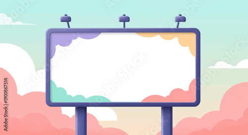 A blank digital billboard framed by soft, pastel clouds under a gradient sky