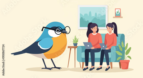 A blue and orange bird in glasses looks at two people working on laptops