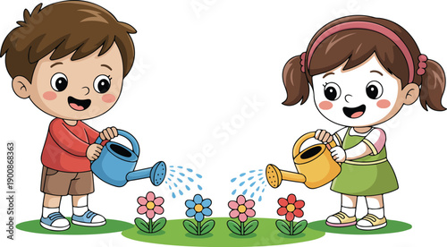Cartoon Children Gardening Vector – Kids Watering Flowers Together Outdoors
