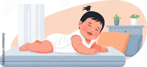 A cheerful baby in a white onesie is lying on a mattress