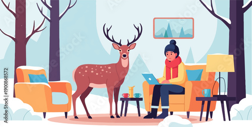 A deer stands near a person working on a laptop inside a cozy winter room