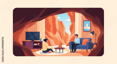 A cozy indoor scene opens to a dramatic canyon landscape