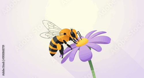 A detailed cartoon bee collects nectar from a purple flower on a light background