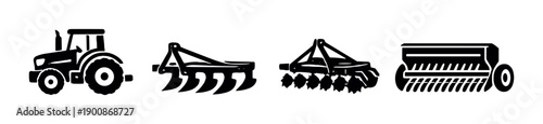 Silhouettes of farming machinery: tractor, plow, harrow, combine harvester