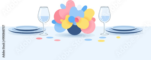 A festive table setting with two plates, wine glasses, and a colorful centerpiece