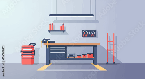 A brightly lit workshop interior with a workbench, tools, and storage