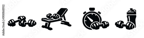 Gym equipment icons: dumbbells, bench, stopwatch, shaker bottle
