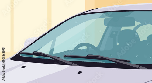 A car's windshield with raindrops and wipers against a pale background