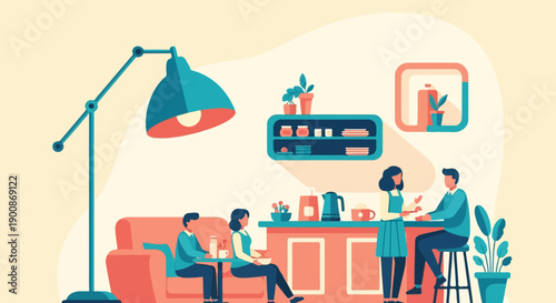 A cozy domestic scene featuring a family gathering indoors with warm lighting