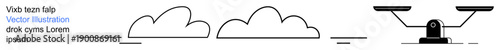 Equality, harmony, decision-making, comparison, weather, law and justice. Minimalist line art showing clouds and a balanced scale symbol. Equality and harmony are visually