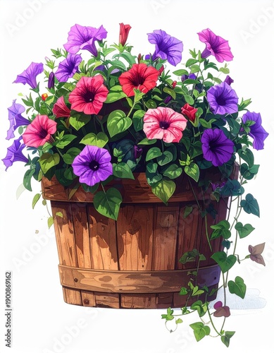 Wooden Barrel Filled with Vibrant Purple and Red Petunia Flowers Against White