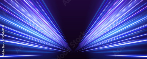 Neon blue futuristic road with glowing particle trails, dynamic motion lines and radiant velocity streaks vector
