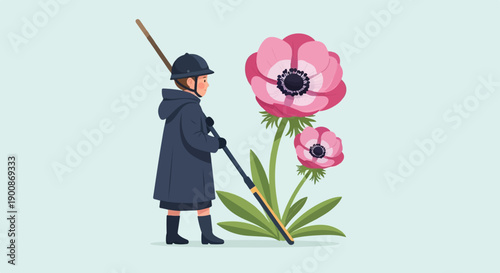 A figure in a dark coat and helmet tends to large pink flowers