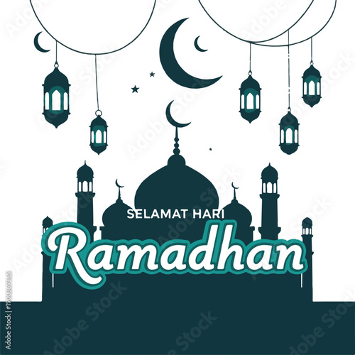 Wallpaper Mural Dark green mosque with hanging lanterns and crescent moons ramadhan islamic Torontodigital.ca