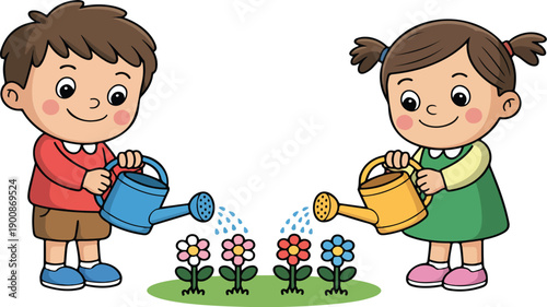Cartoon Children Gardening Vector – Kids Watering Flowers Together Outdoors