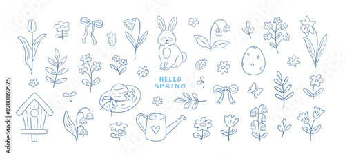 Spring Easter doodle set with flowers