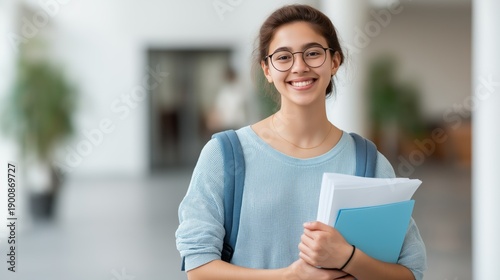 Wallpaper Mural Smiling with joy, a confident young Asian woman stands in a university hallway. She holds folders and papers close, surrounded by a bright and inviting atmosphere Torontodigital.ca